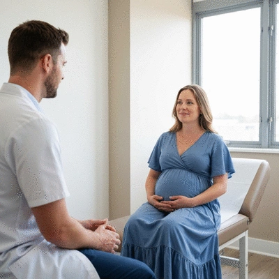 Pregnant woman talking to a healthcare provider in a consultation office, warm and welcoming atmosphere