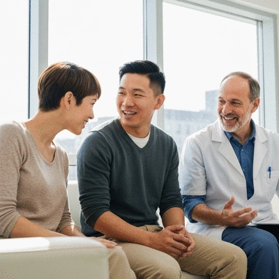 Couple discussing fertility planning with a professional, showing support and community