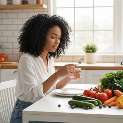 Woman enjoying a healthy meal with fresh vegetables and fruits, illustrating good nutrition for fertility