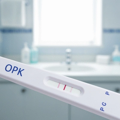 Close-up of an ovulation predictor kit (OPK) showing a positive result, with a soft, blurred background of a bathroom counter, clean and clinical aesthetic, no text, no words, no typography