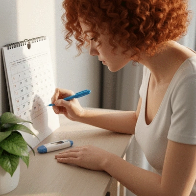 Woman tracking her menstrual cycle on a calendar with a pen, surrounded by fertility-related items like a thermometer and a small plant, soft lighting, no text, no words, no typography, clean image