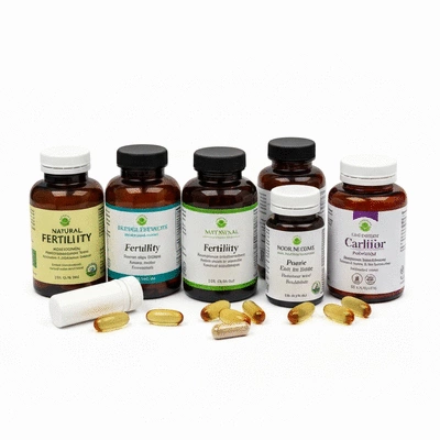 Assortment of natural fertility supplements on a clean background