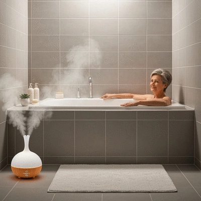 Woman relaxing in a spa-like setting with essential oil diffuser nearby