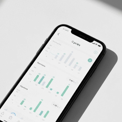 Close-up of a smartphone displaying a modern fertility tracking app with cycle data, no text, no words, no typography
