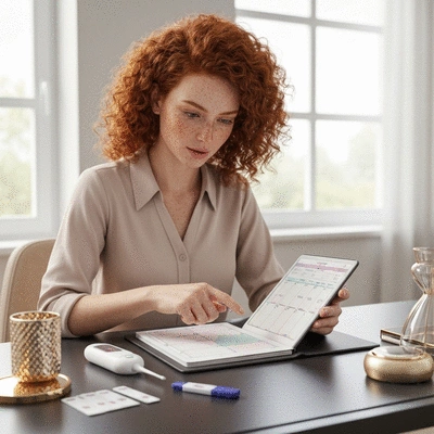 Woman tracking her menstrual cycle on a calendar with a pen, surrounded by fertility-related items, no text, no words, no typography, clean image