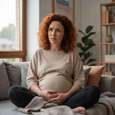 Pregnant woman experiencing mild discomfort, looking concerned