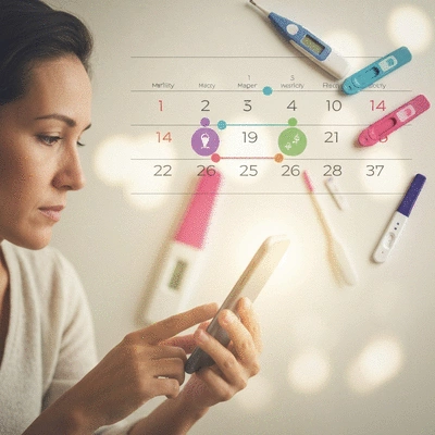 Woman tracking fertility cycle using an app on a smartphone, with a calendar and fertility tools in the background