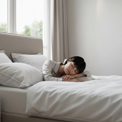 Woman sleeping peacefully in a clean, modern bedroom