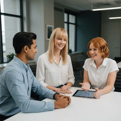Couple consulting with a genetic counselor, looking at a tablet with genetic information, bright, clean, professional setting