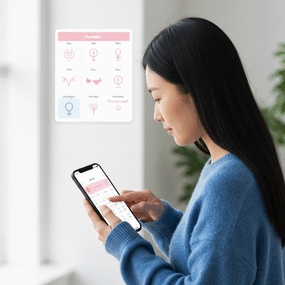 Woman checking a digital fertility tracking app on her smartphone, with a calendar and fertility symbols in the background