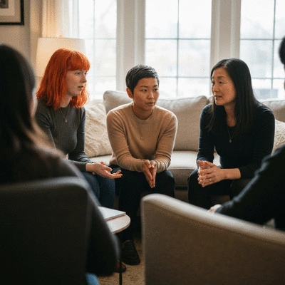 Diverse group of women discussing menstrual health in a supportive community setting