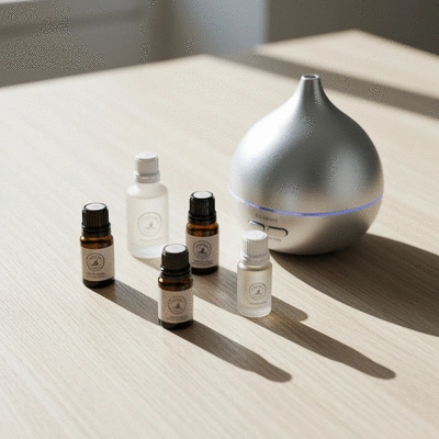 Essential oil bottles and diffuser on a clean, bright surface