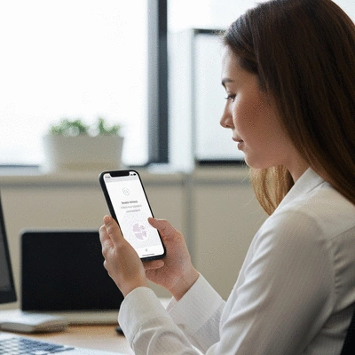 Professional woman looking at fertility tracking app on her phone in a modern office, symbolizing work-life balance