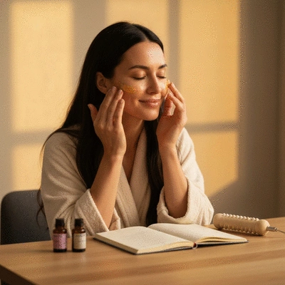 Woman practicing self-care with essential oils and a journal next to a massage tool