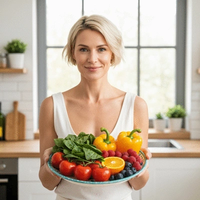 Woman holding a plate of fresh vegetables and fruits, symbolizing healthy eating for fertility