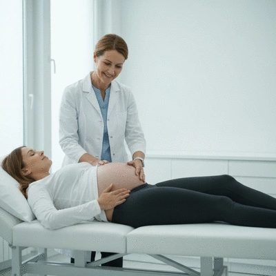 Pregnant woman consulting with a doctor in a clinic, discussing health concerns