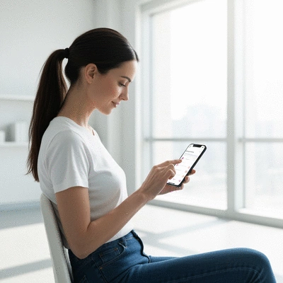 Woman tracking her menstrual cycle on a smartphone app, focused and calm
