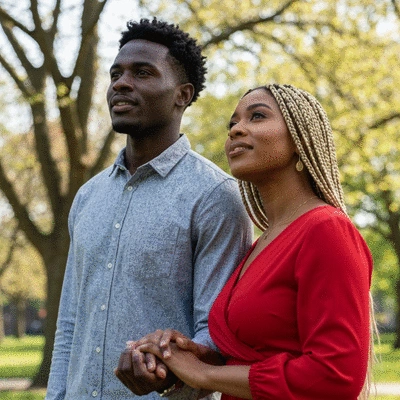 Diverse couple holding hands, looking hopeful into the distance, representing family planning and support