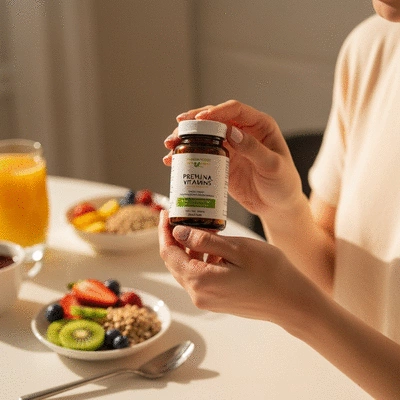 Woman holding a bottle of prenatal vitamins, with a soft focus background