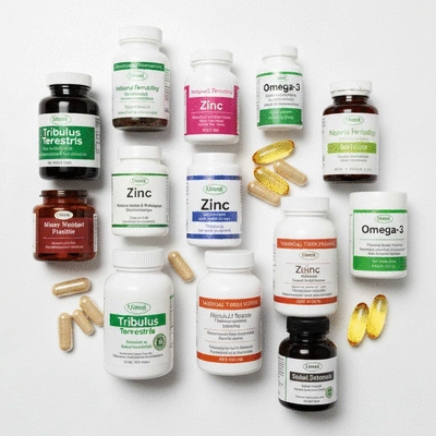 Assortment of natural fertility supplements on a clean background