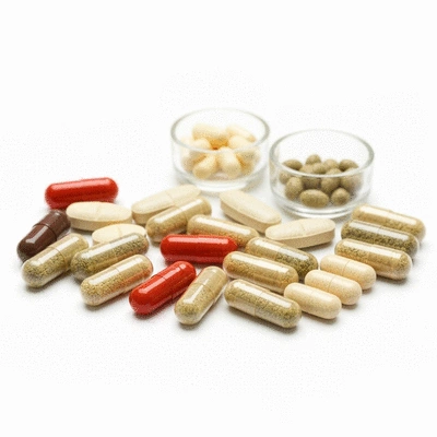 Assorted natural fertility supplements on a clean white background