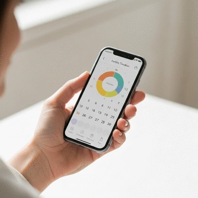 Woman using a fertility tracking app on her phone, showing a calendar with predicted fertile window, no text, no words, no typography
