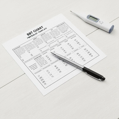 High-resolution image of a printable BBT chart template with a pen and a digital thermometer next to it, on a clean desk