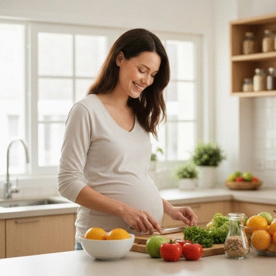 Pregnant woman making a healthy meal in a modern kitchen, surrounded by fresh fruits and vegetables