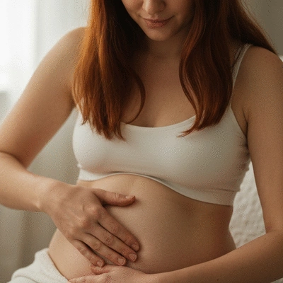 Woman performing self-fertility massage on her abdomen in a serene setting