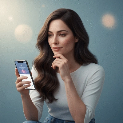 Woman looking thoughtfully at a smartphone displaying a fertility app, with a serene background