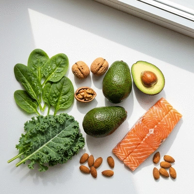Assortment of fertility-boosting foods like leafy greens, avocados, nuts, and salmon on a clean white background