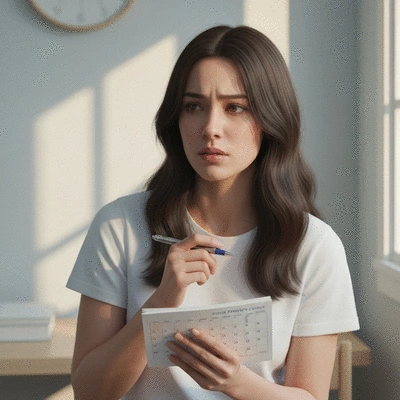 Woman holding a fertility calendar and pen, looking thoughtful