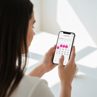 Woman using a fertility tracking app on her smartphone, showing a calendar with ovulation days highlighted