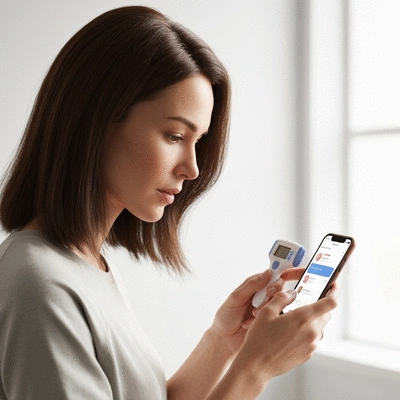 Woman holding a digital basal body thermometer, looking at a fertility app on her phone, clean background