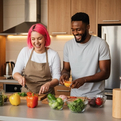 Couple preparing healthy meal together in a modern kitchen