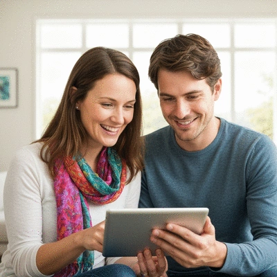 Couple looking at a fertility tracking app together on a tablet, happy and engaged