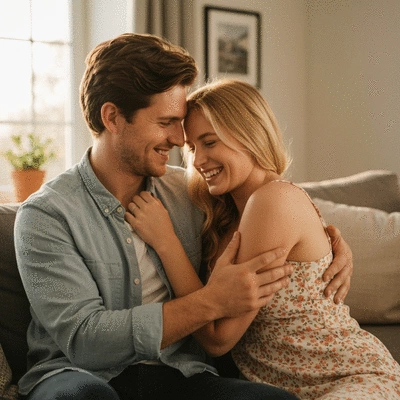 Couple happily embracing, symbolizing successful conception and family planning