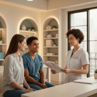 Couple consulting with a fertility specialist in a modern clinic