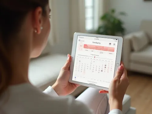 Woman tracking fertility cycle on a tablet with calendar and fertility app