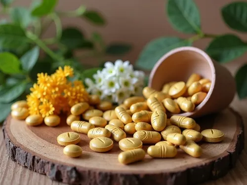 Various natural remedies and supplements for fertility on a wooden table